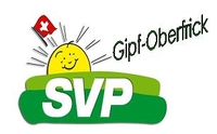 SVP Slogan auf grünem Streifen mit Sonne und Schweizerfahnen