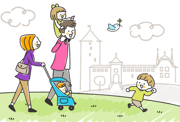 Famille devant château avec petit oiseau