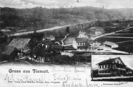 Postkarte Flamatt mit Sense um 1900