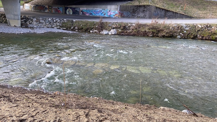 April 2024: Die dreiteilige Pendelrampe mit guter Fischgängigkeit ist fertiggestellt, die Baupiste in der Flussmitte zurückgebaut. 