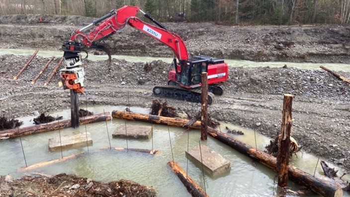 Dezember 2023: Zur Sicherung der ELJ-Buhne werden Pfähle zwischen den Baumstämmen ins Flussbett gerammt.