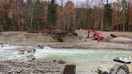 November 2023: Nach dem Hochwasser: Die Landspitze ist weg. Der Abfluss der Sense liegt wieder im normalen Bereich.