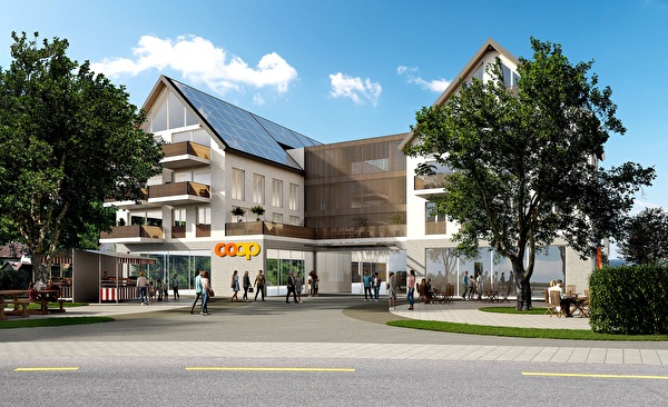 Der Neubau des Gebäudes mit einen Coop-Supermarkt im EG fügt sich gut in das Dorfbild ein