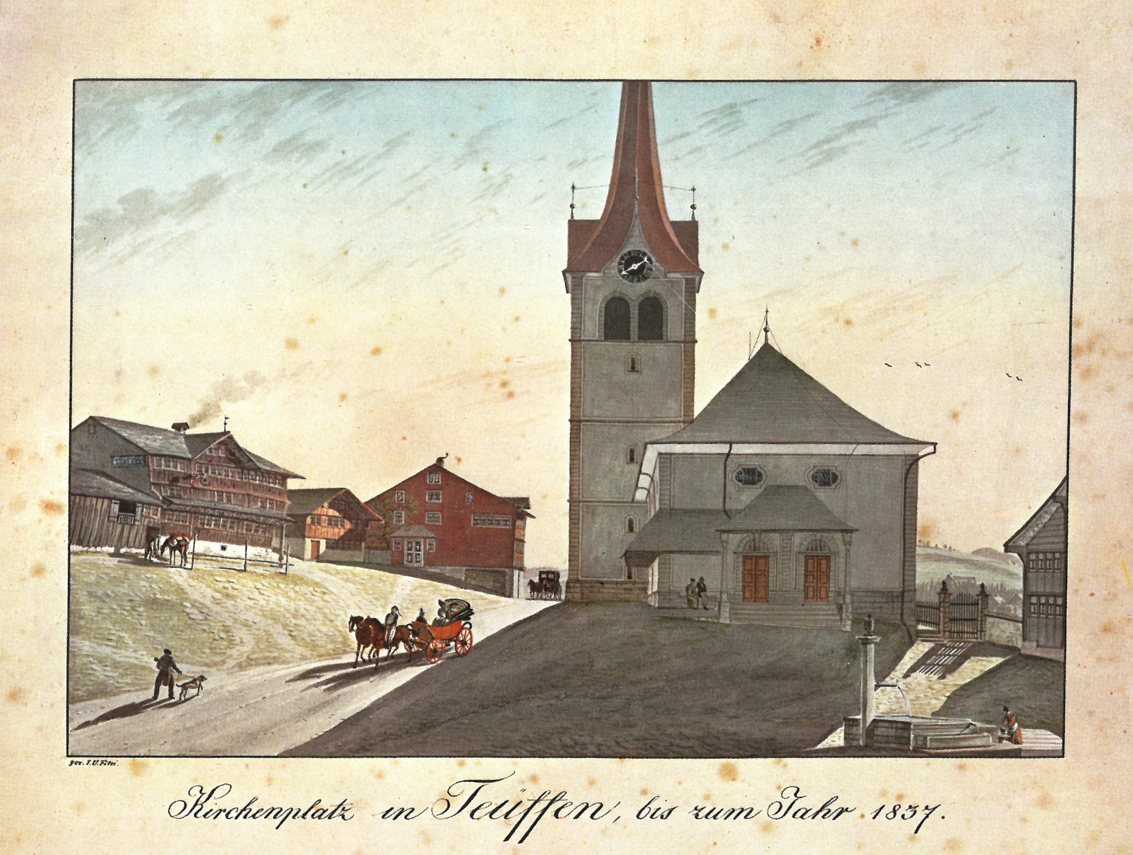 Dorfplatz Teufen, Federaquarell von 1837