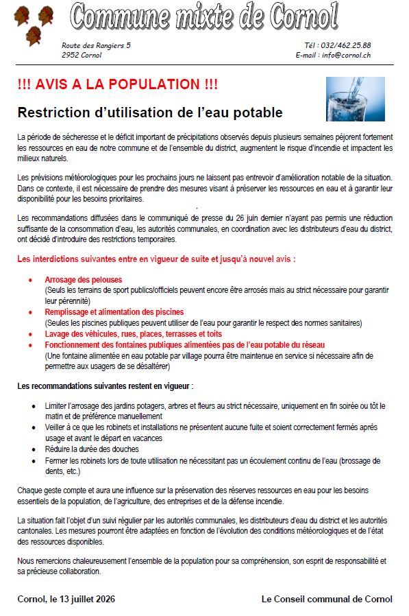 Restriction eau potable