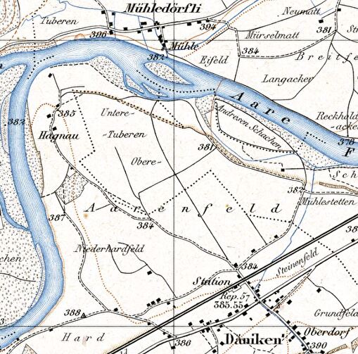 Siegfriedkarte 1:25'000 von 1878: Däniken-Aarenfeld-Mühleweg-Mühledörfli (Niedergösgen)