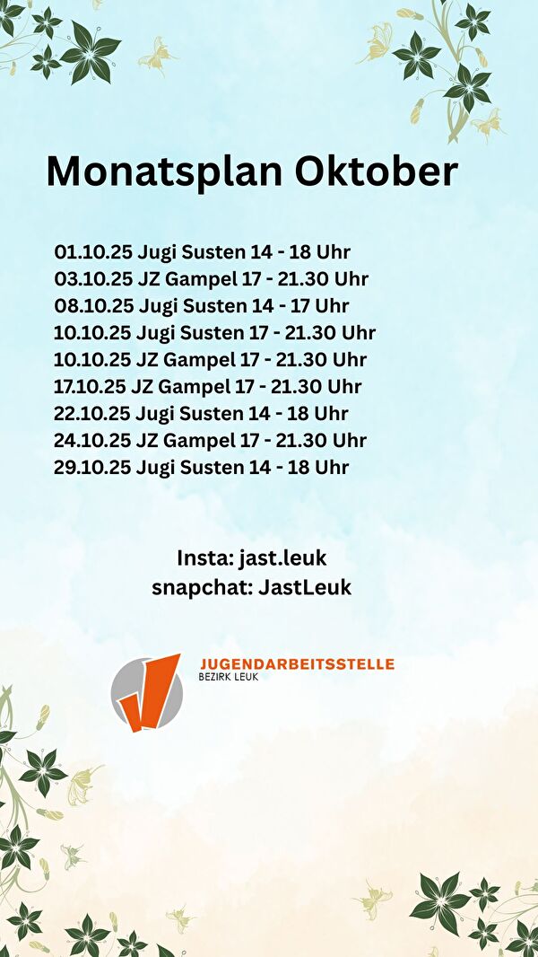 Monatsplan Oktober Jugendarbeitsstelle Leuk