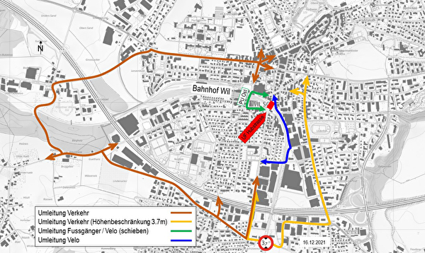 Plan Umleitungen während Sperrung Unterführung Hubstrasse