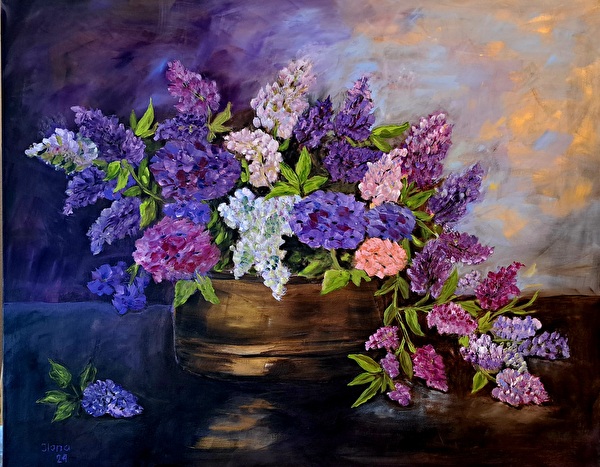 Ein Gemälde mit einem Blumenbouquet in blau-violett Tönen