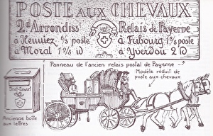 panneau de relais postal du XIXe siècle, boîte aux lettres et reproduction d'une diligence postale