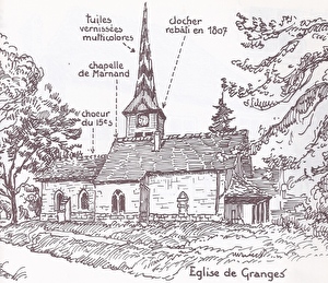 église de Granges avec son clocher de 1807 en tuiles vernissées multicolores