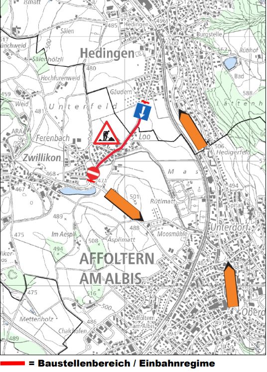 Änderung der Verkehrsführung zwischen Zwillikon und Hedingen ab 2. April bis Ende Juni 2024