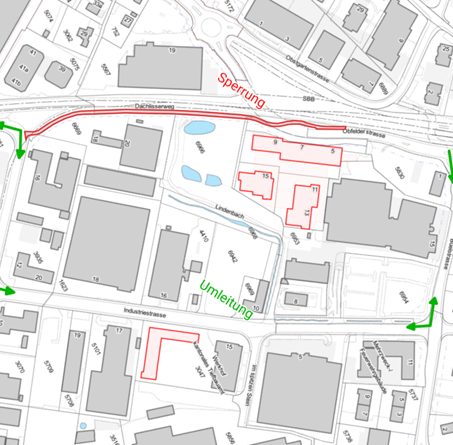 Karte der Sperrung vom Dachlisserweg inkl. Umleitung