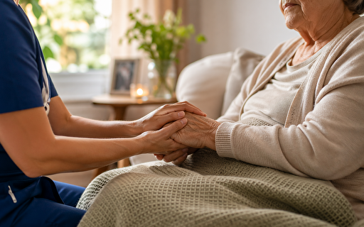 Pflegeperson hält älterer Dame die Hände.