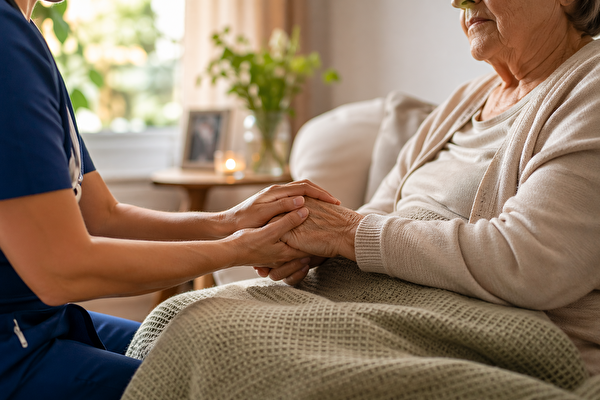 Pflegeperson hält älterer Dame die Hände.