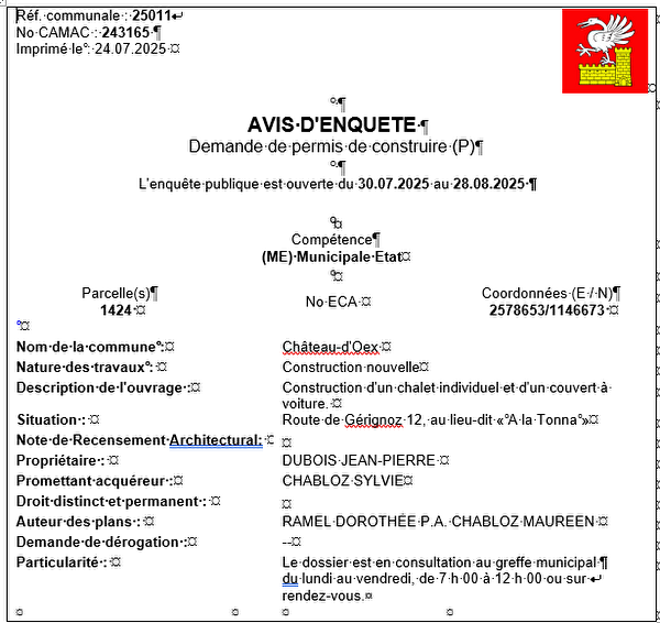 Avis d'enquête CAMAC 238670