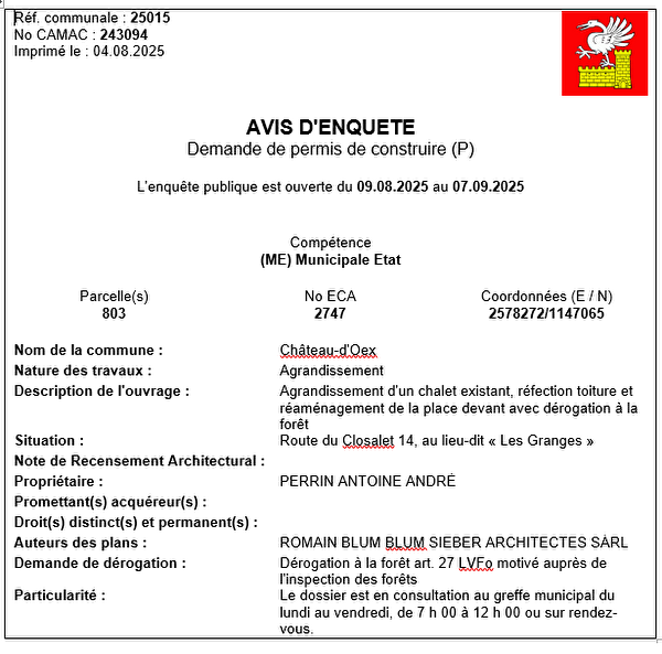 Avis d'enquête CAMAC 238670
