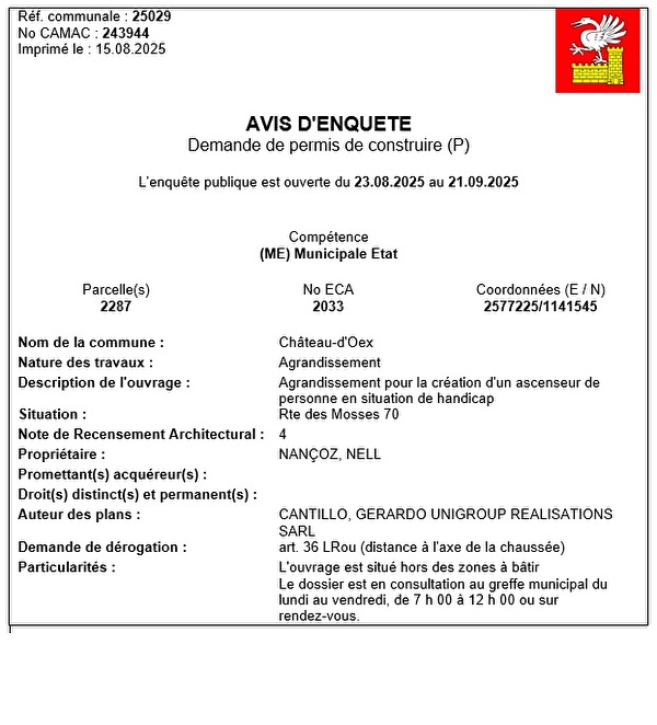 Avis d'enquête CAMAC 243944