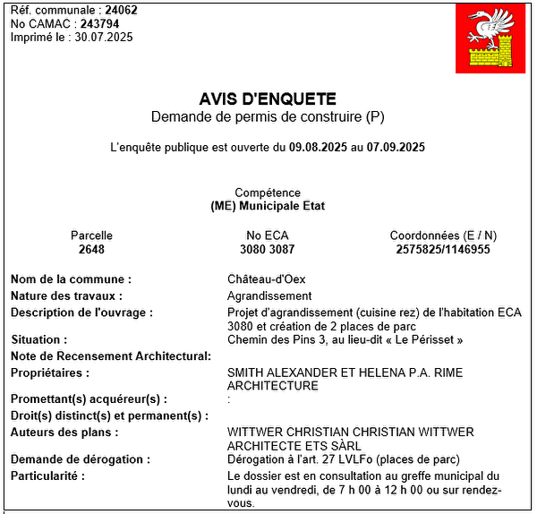 Avis d'enquête CAMAC 243794