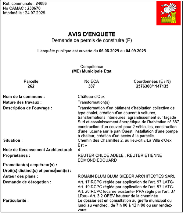 Avis d'enquête CAMAC 238670