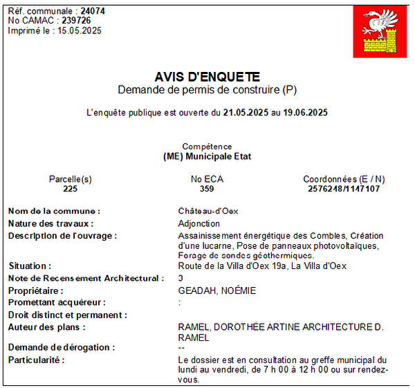 Avis d'enquête CAMAC 239726