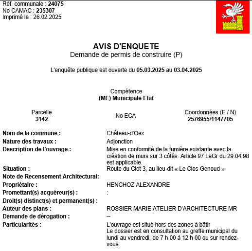 Avis d'enquête CAMAC 235307