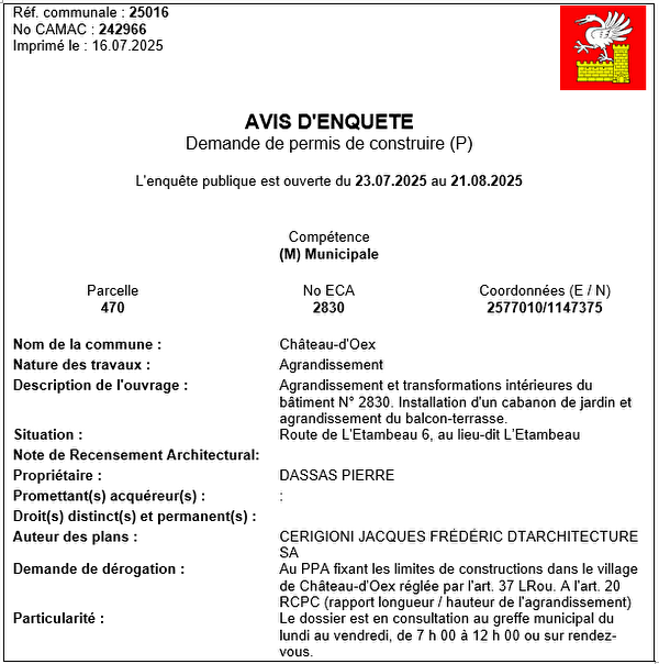 Avis d'enquête CAMAC 242966
