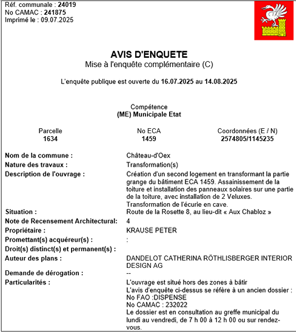 Avis d'enquête CAMAC 241875