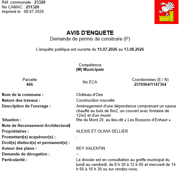 Avis d'enquête CAMAC 251320