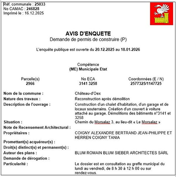 Avis d'enquête CAMAC 246828