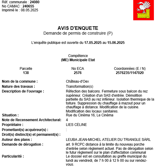 Avis d'enquête CAMAC 240655