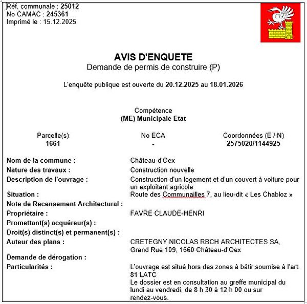 Avis d'enquête CAMAC 245361