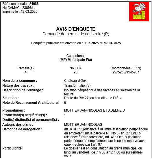 Avis d'enquête CAMAC 238984