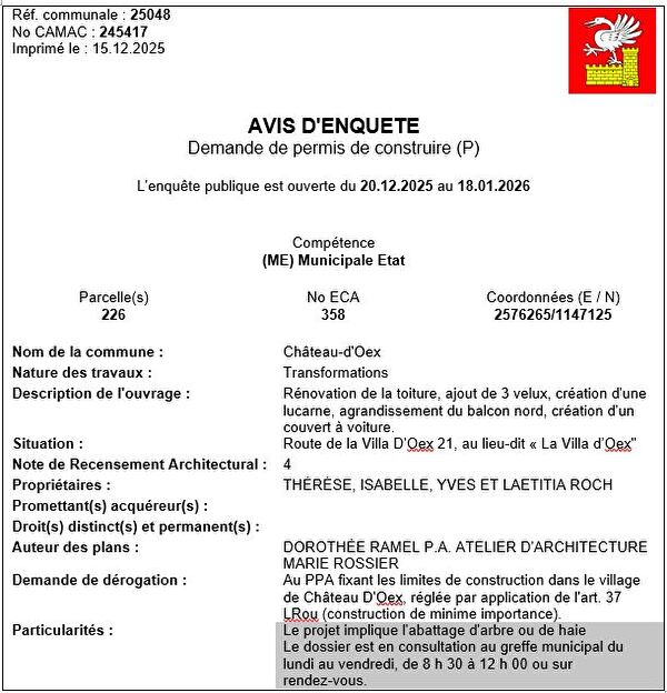Avis d'enquête CAMAC 245417