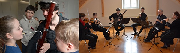 Links: Das Fagottino ist speziell für Kinder entwickelt und spielt sich leicht. (Bild zVg) / Rechts: Die Musiker bei der Aufführung im Dachgeschoss Verenahof. (Bild zVg)