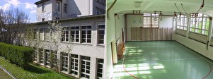 Foto Aussenansicht Schulhaus Gestadeck und Innenansicht Turnhalle