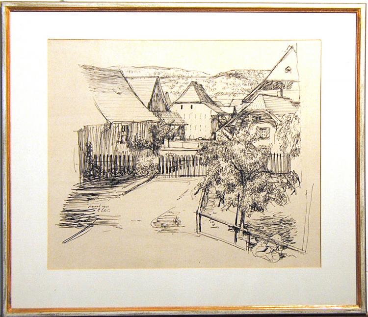 Hinter Heimatmuseum gegen Hauptstrasse/ Wacht/ Gallenheinihübeli/ Schlachthäuschen

Federzeichnung