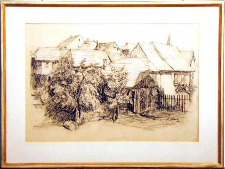hinter Heimatmuseum gegen Heidengässli und Hauptstrasse Federzeichnung