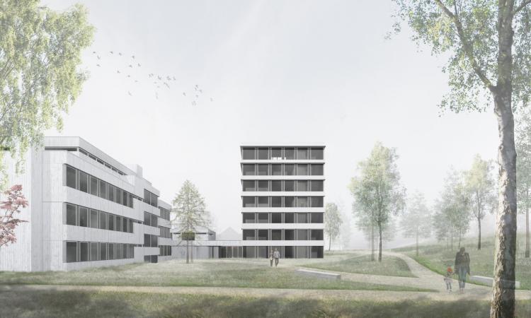 Die Sanierung und Erweiterung des Gemeindehauses bietet den Anlass, die ursprüngliche Idee eines Gemeindehauses im Park, wieder
wahrnehmbar zu machen. Die Parkplätze werden konsequent an die Ränder des Grundstücks gelegt.