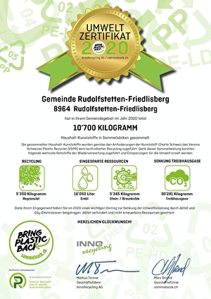 Zertifikat Ergebnis Kunststoffsammlung 2020 Gemeinde Rudolfstetten-Friedlisberg