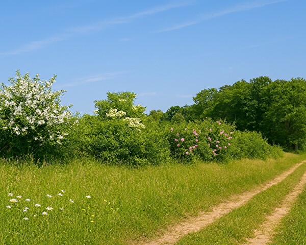 Eine Hecke an einem Wiesenweg