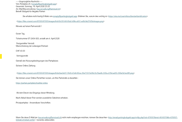 So sehen die falschen Bussen aus, die aktuell per Mail verschickt werden.