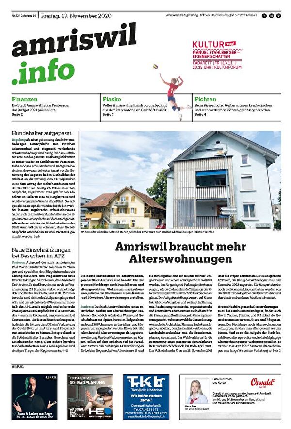 Frontbild der amriswil.info-Ausgabe vom 13. November 2020.