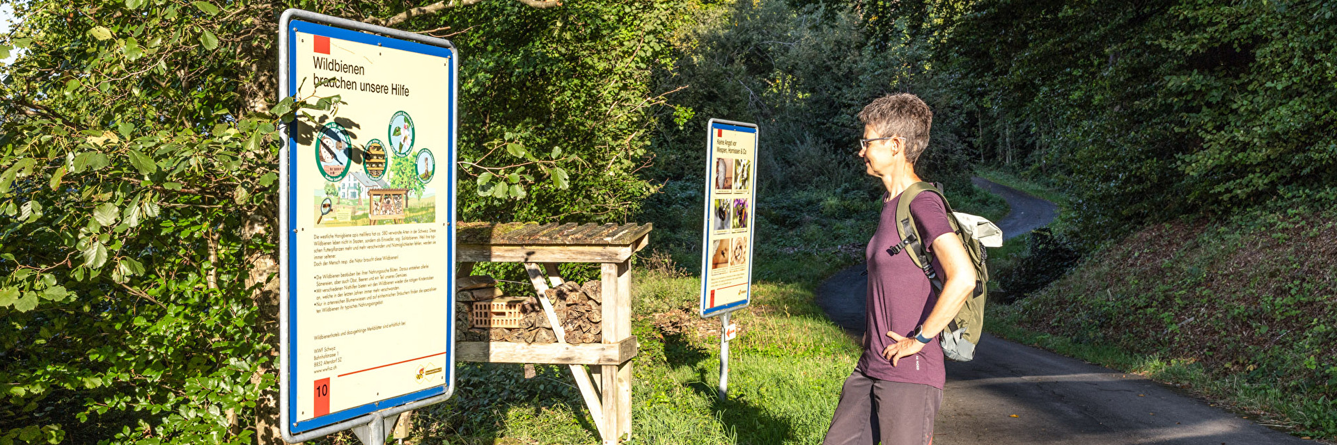 Frau studiert Infotafel Erlebnisweg
