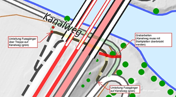 Kartenauschnitt Sperrung Fussweg Spielplatz am Kanal
