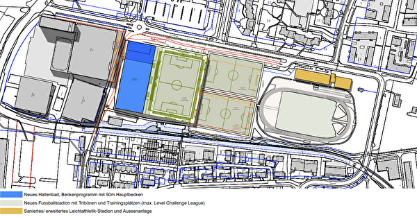 Das geplante Hallenbad mit einem 50-Meter-Becken ist an der Weststrasse direkt gegenüber der Bossard-Arena gelegen. In die Planung integriert werden die sanierungsbedürftigen Fussball- und Leichtathletik-Stadien. 