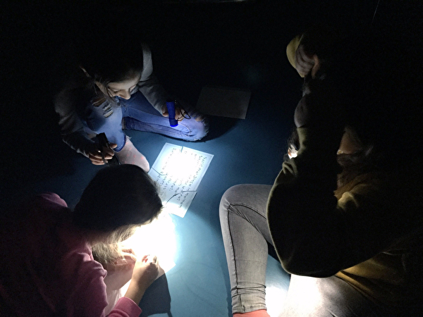 Kinder lesen im Schein von Taschenlampen