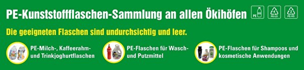 Flaschen für Milch, Kaffeerahm, Trinkjoghurt, Wasch- und Putzmittel sowie Shampoo und Kosmetik können am Ökihof abgegeben werden.