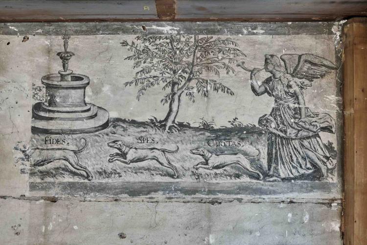 Engel Gabriel jagt mit den Hunden Fides, Spesund Caritas ein Einhorn
