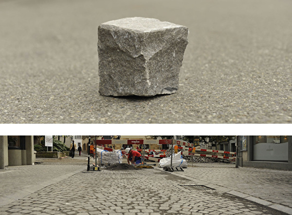Pflasterstein mit glatter Oberfläche und Baustelle in der Zeughausgasse